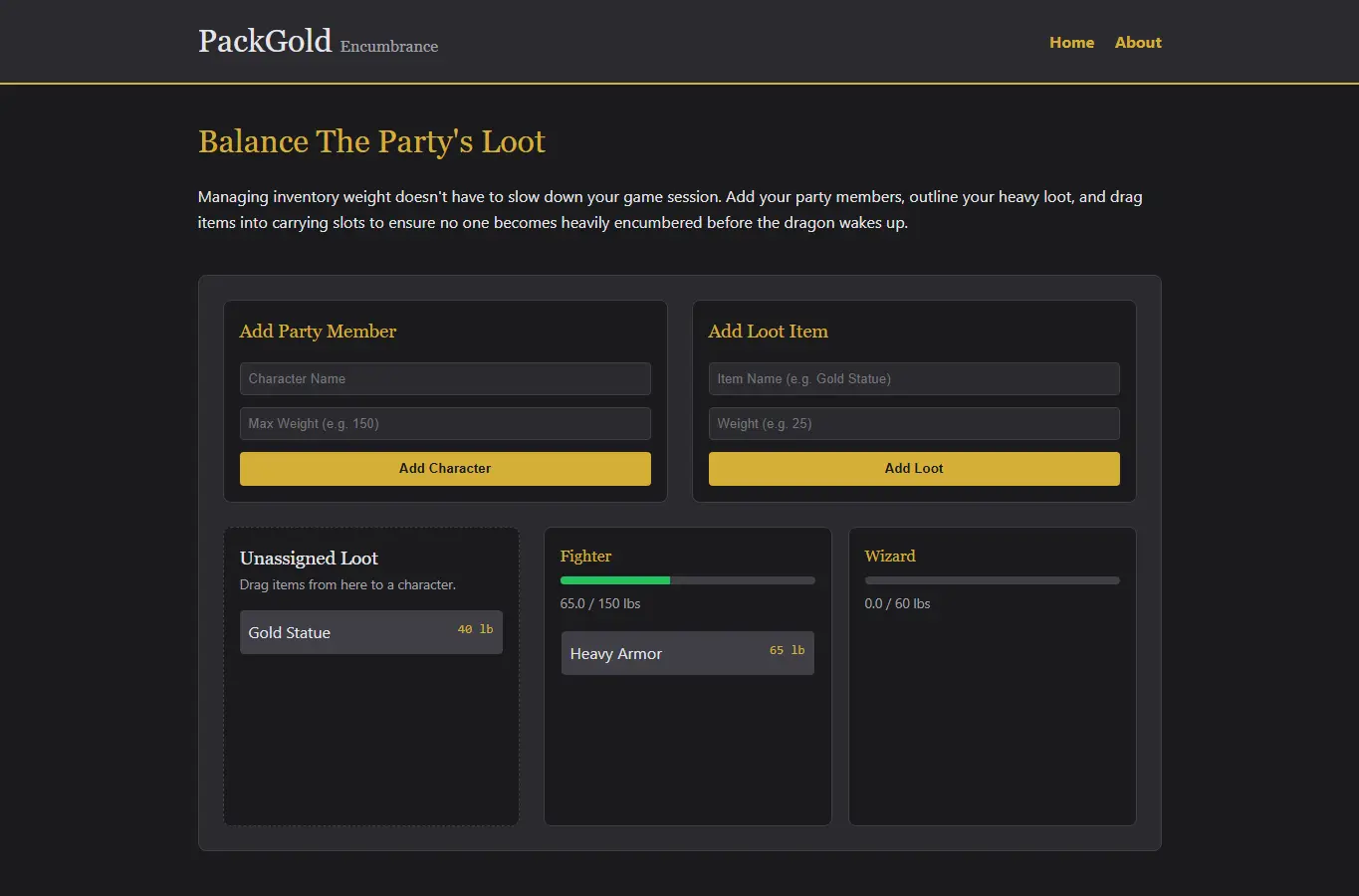 Screenshot of PackGold: Tabletop Encumbrance Tool interface showing the project page in use